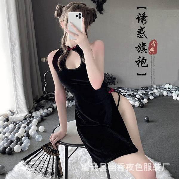 TikTok same style：Fun lingerie, sexy and hot, high split cheongsam, hollowed out straps, seductive uniform1102