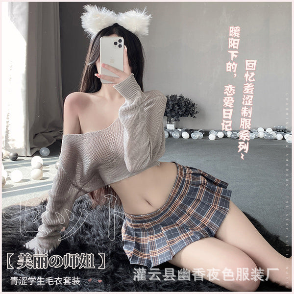 TikTok same style：Sexy and Fun Lingerie Cute Campus JK Sweater Uniform Transparent Set1103