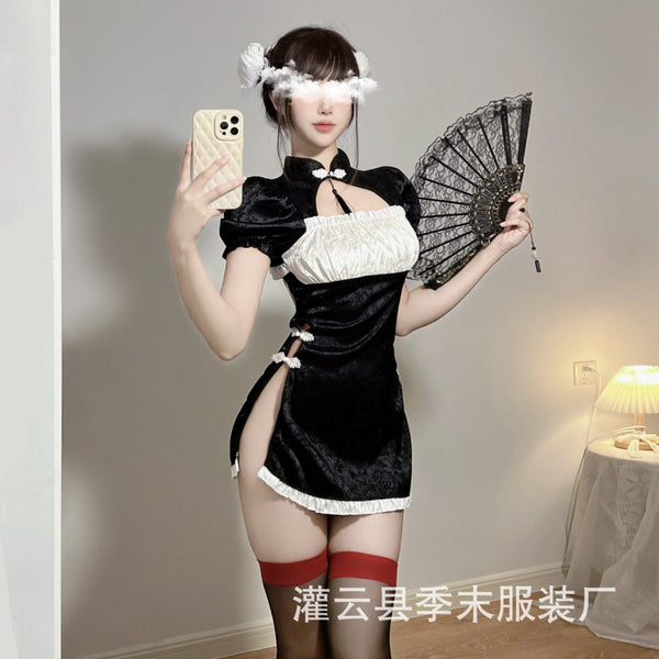TikTok same style：Fun Lingerie Retro Satin Side Opening Qipao Uniform Sexy Classic Beauty Set1101